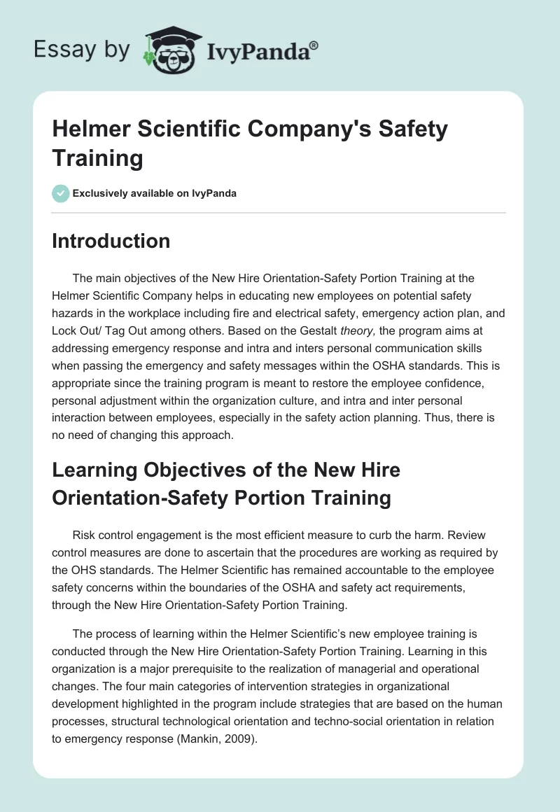 Helmer Scientific Company's Safety Training. Page 1