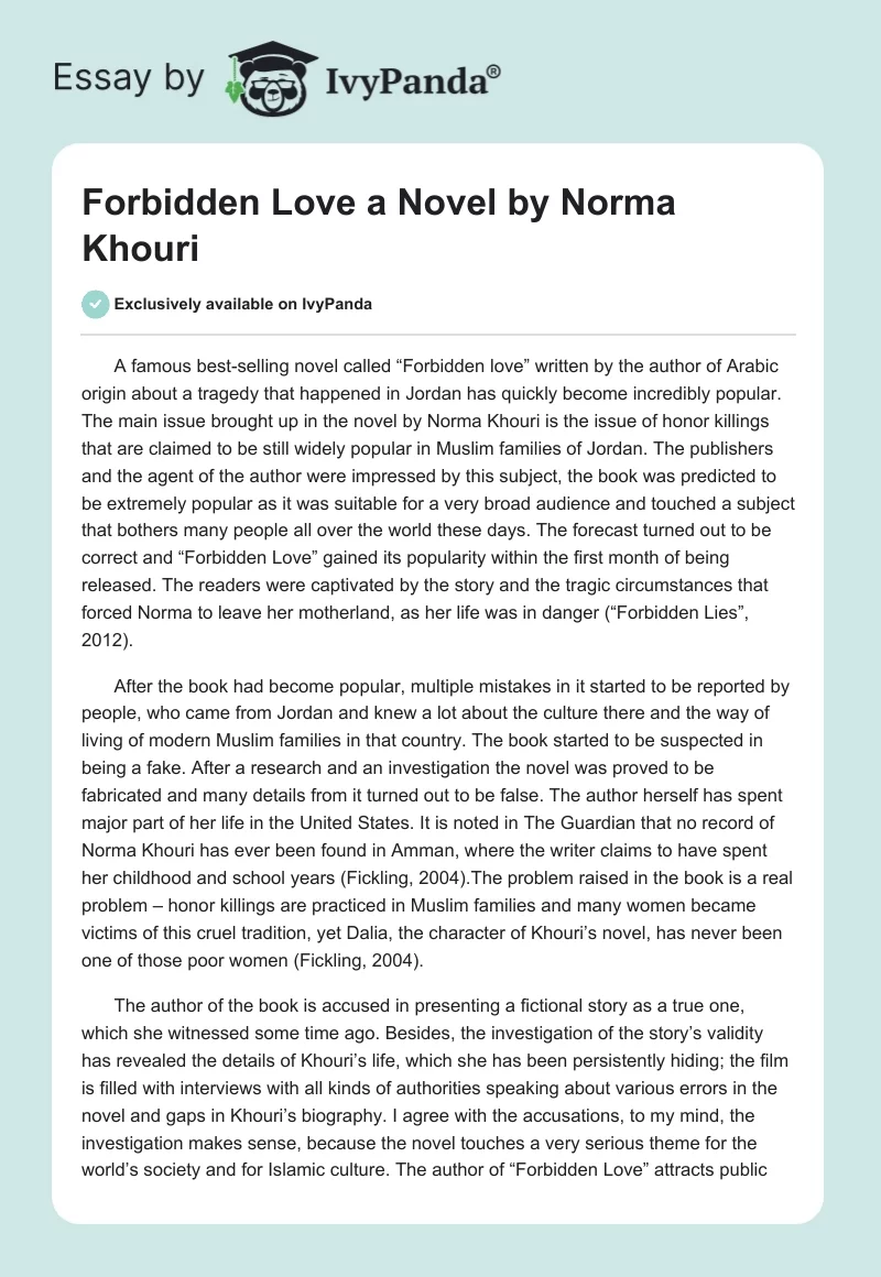 "Forbidden Love" a Novel by Norma Khouri. Page 1