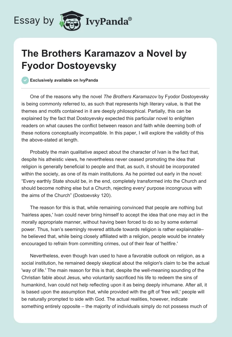"The Brothers Karamazov" a Novel by Fyodor Dostoyevsky. Page 1