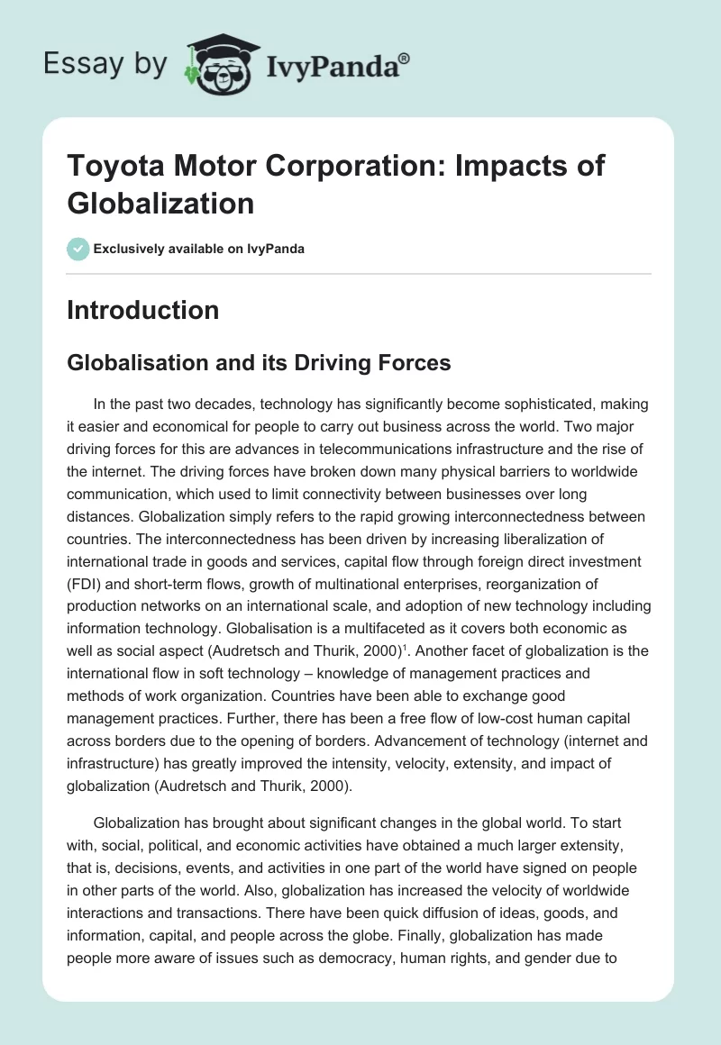 Toyota Motor Corporation: Impacts of Globalization. Page 1