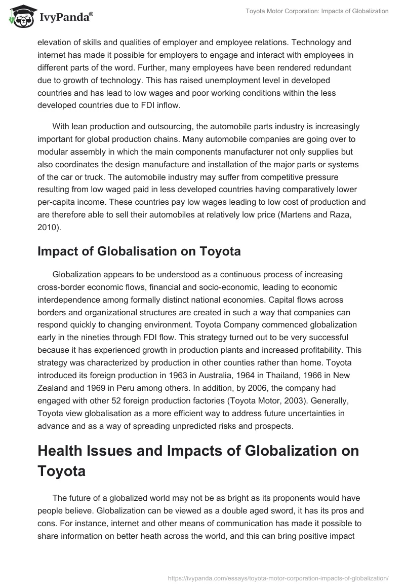 Toyota Motor Corporation: Impacts of Globalization. Page 3