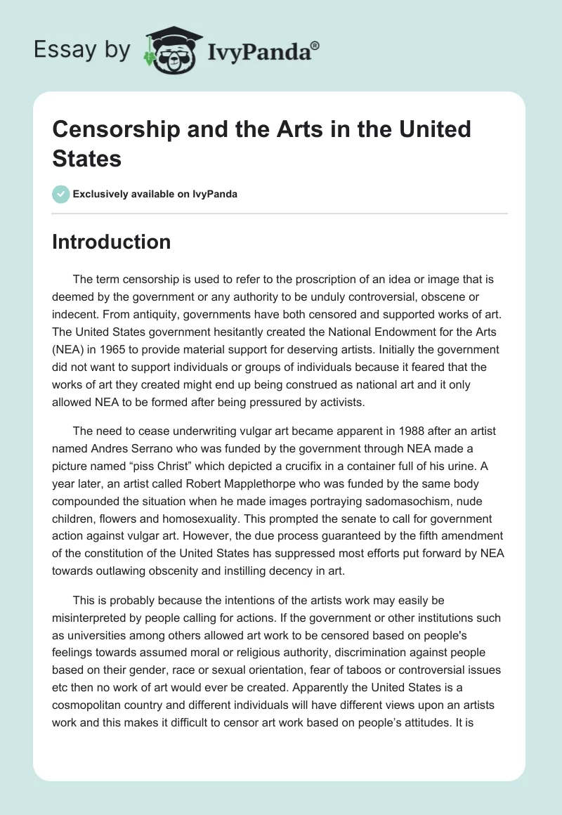 Censorship and the Arts in the United States. Page 1