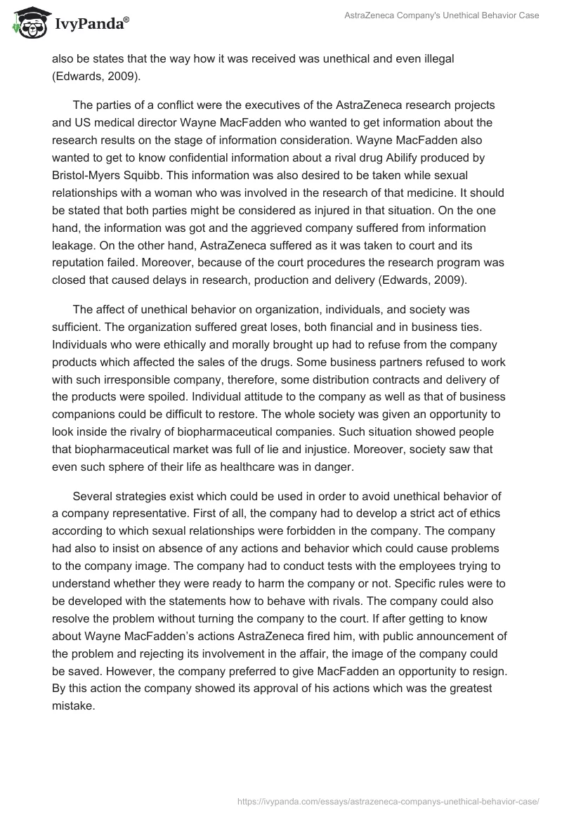 AstraZeneca Company's Unethical Behavior Case. Page 2