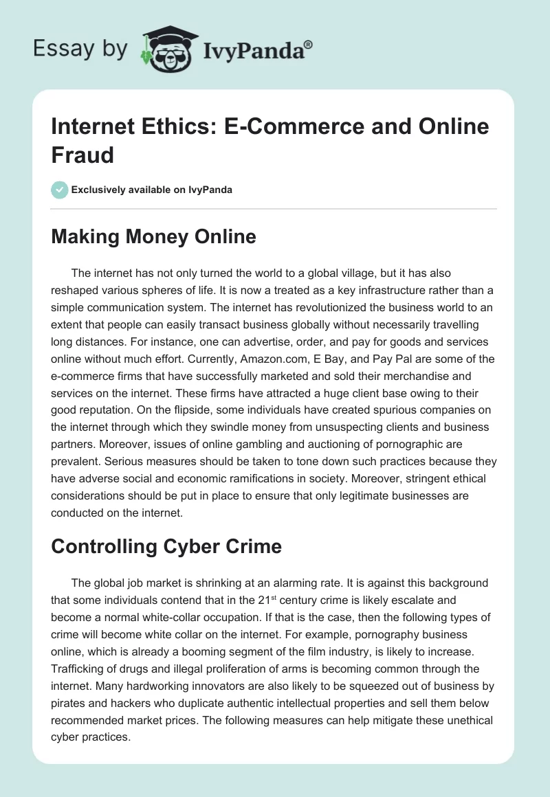 Internet Ethics: E-Commerce and Online Fraud. Page 1