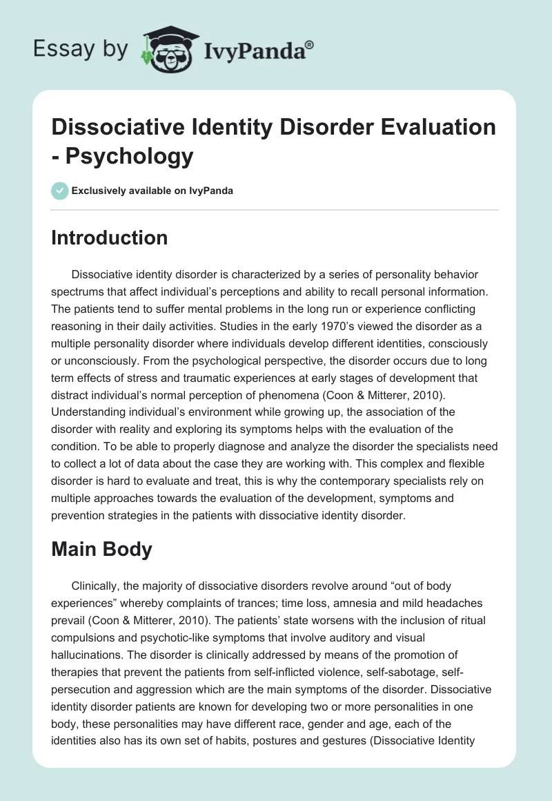 Dissociative Identity Disorder Evaluation - Psychology. Page 1