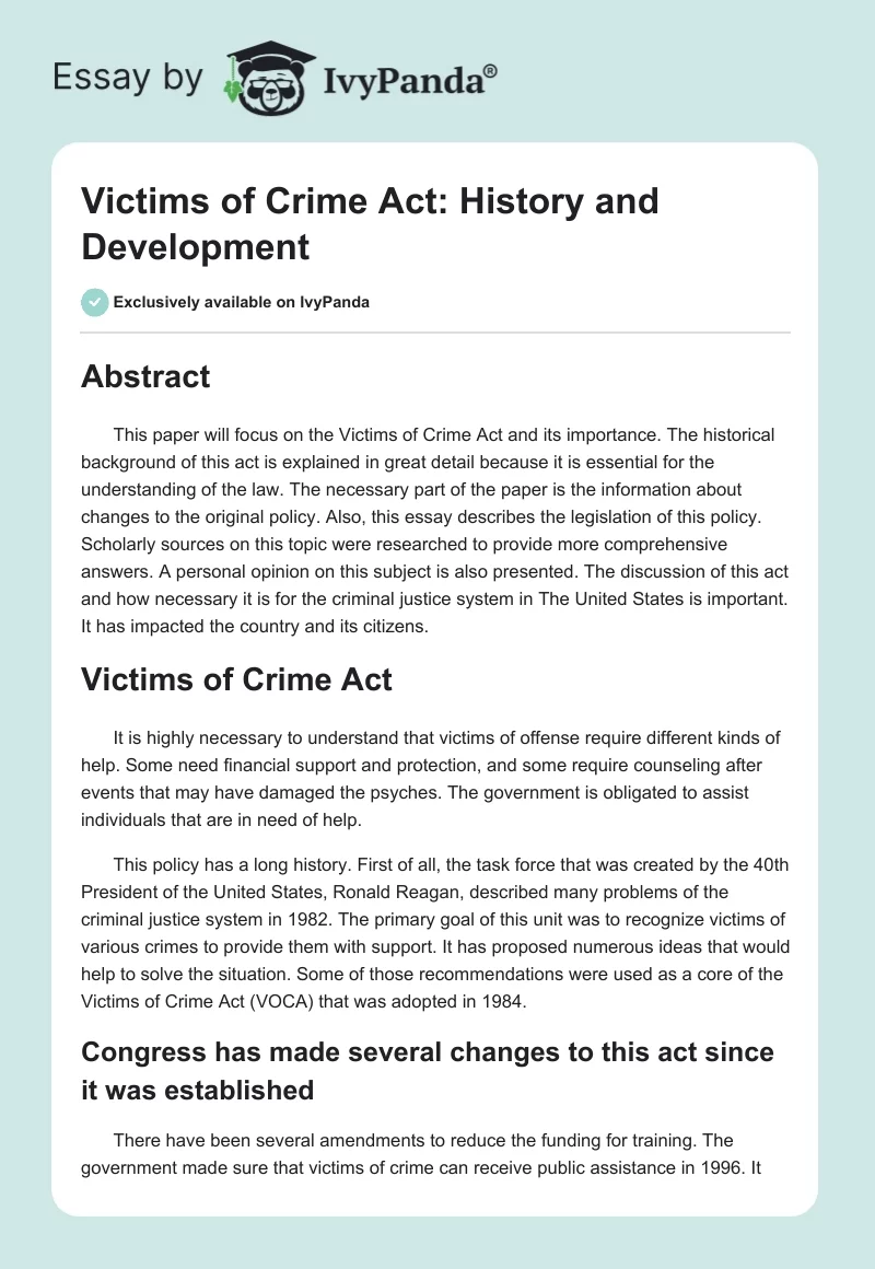 Victims of Crime Act: History and Development. Page 1