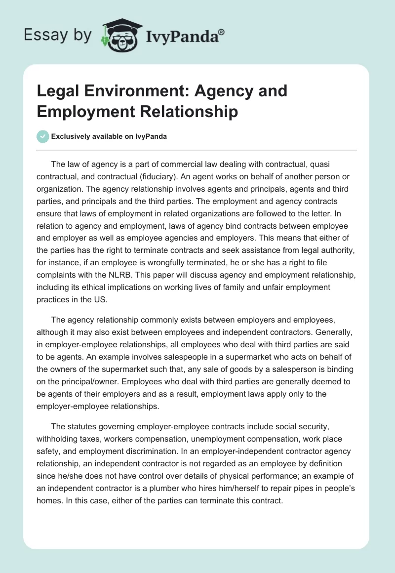 Legal Environment: Agency and Employment Relationship. Page 1