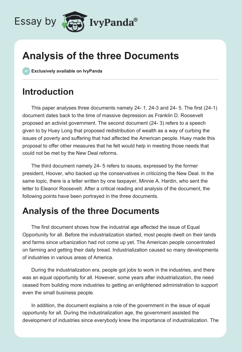 Analysis of the three Documents. Page 1