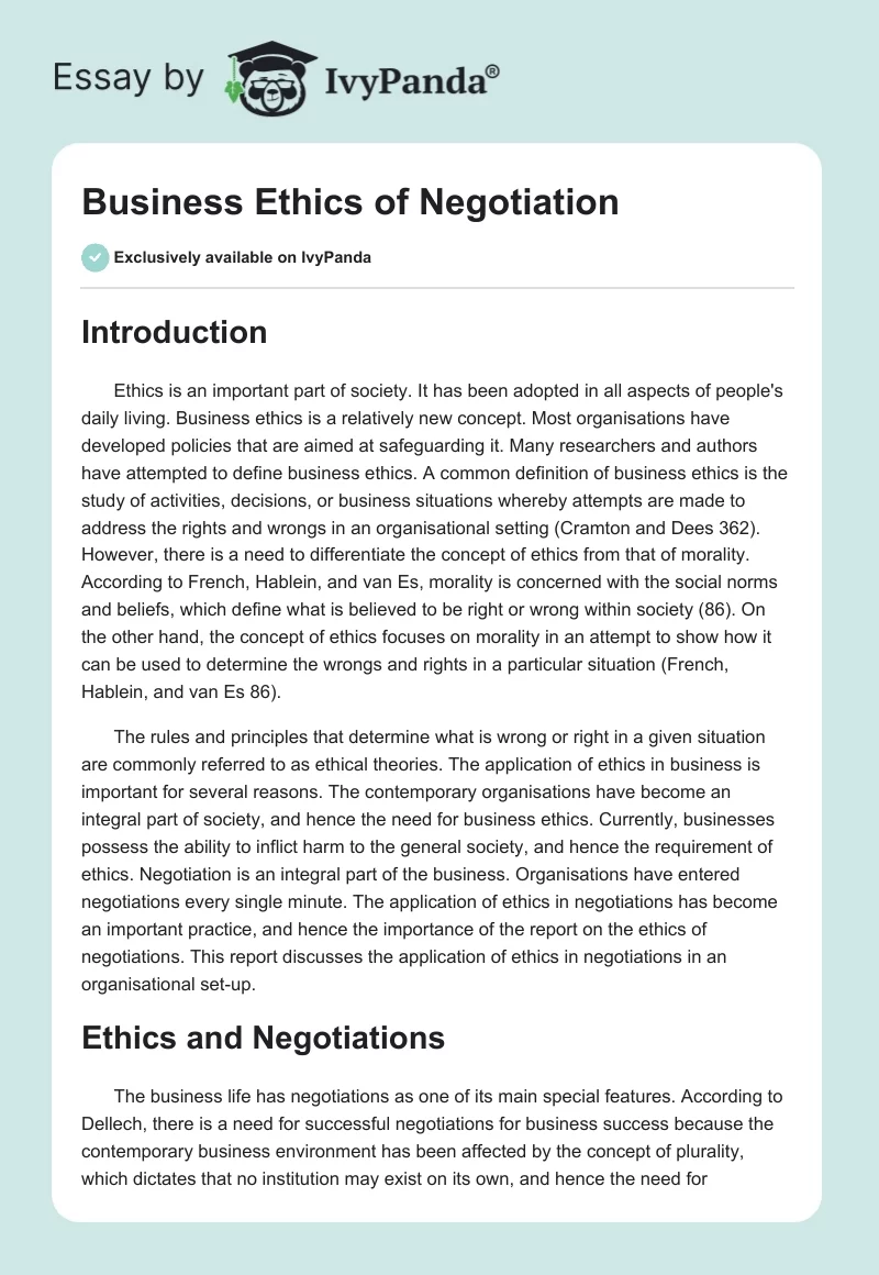 Business Ethics of Negotiation. Page 1