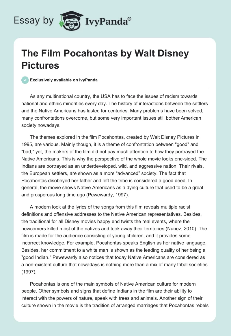 The Film "Pocahontas" by Walt Disney Pictures. Page 1