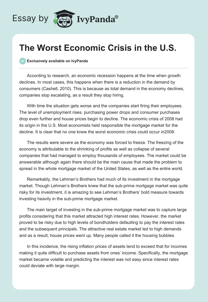 The Worst Economic Crisis in the U.S.. Page 1