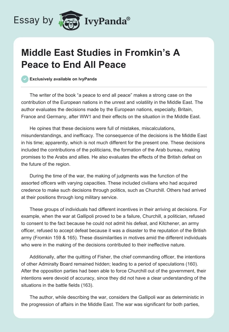 Middle East Studies in Fromkin’s A Peace to End All Peace. Page 1