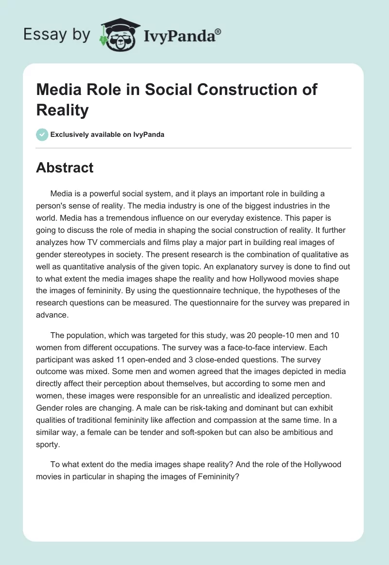 Media Role in Social Construction of Reality. Page 1