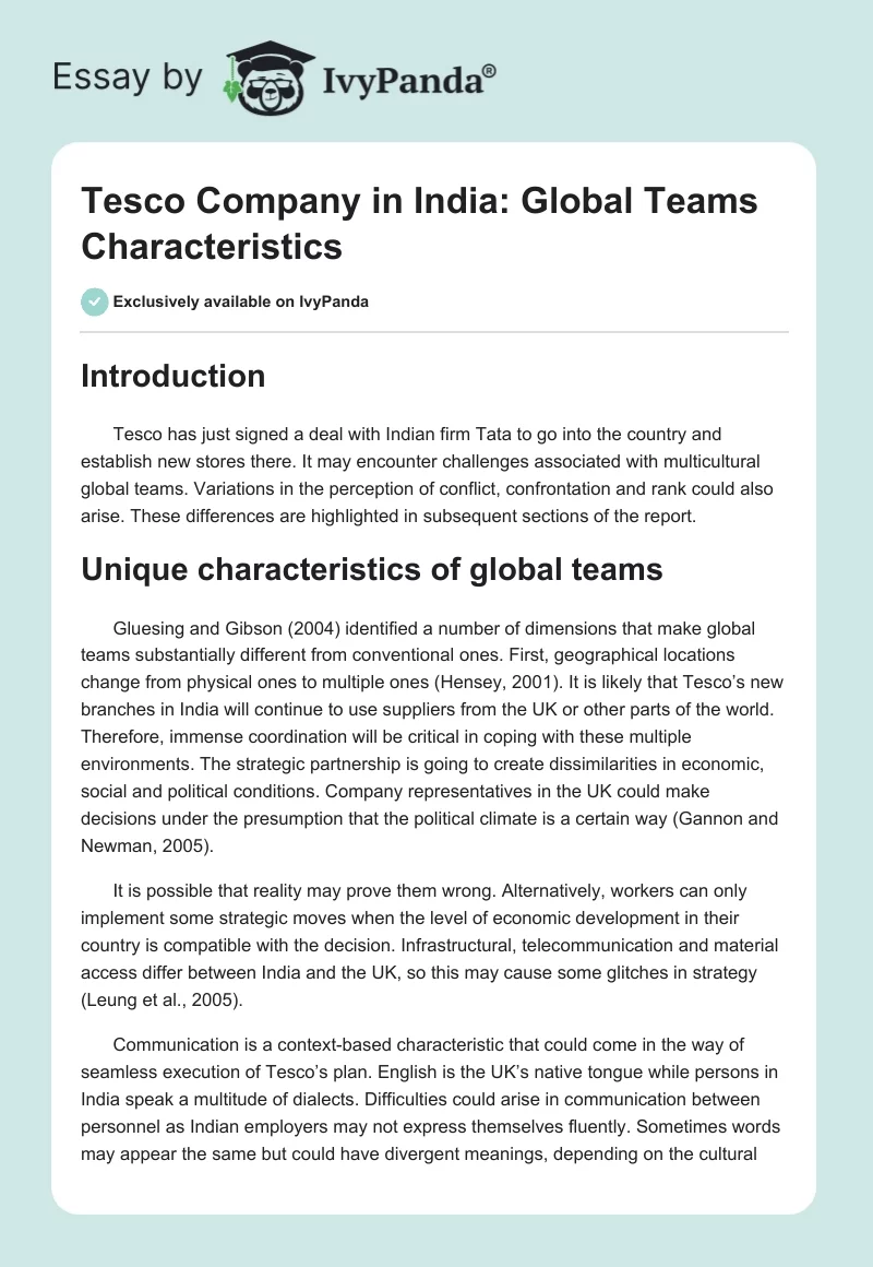 Tesco Company in India: Global Teams Characteristics. Page 1