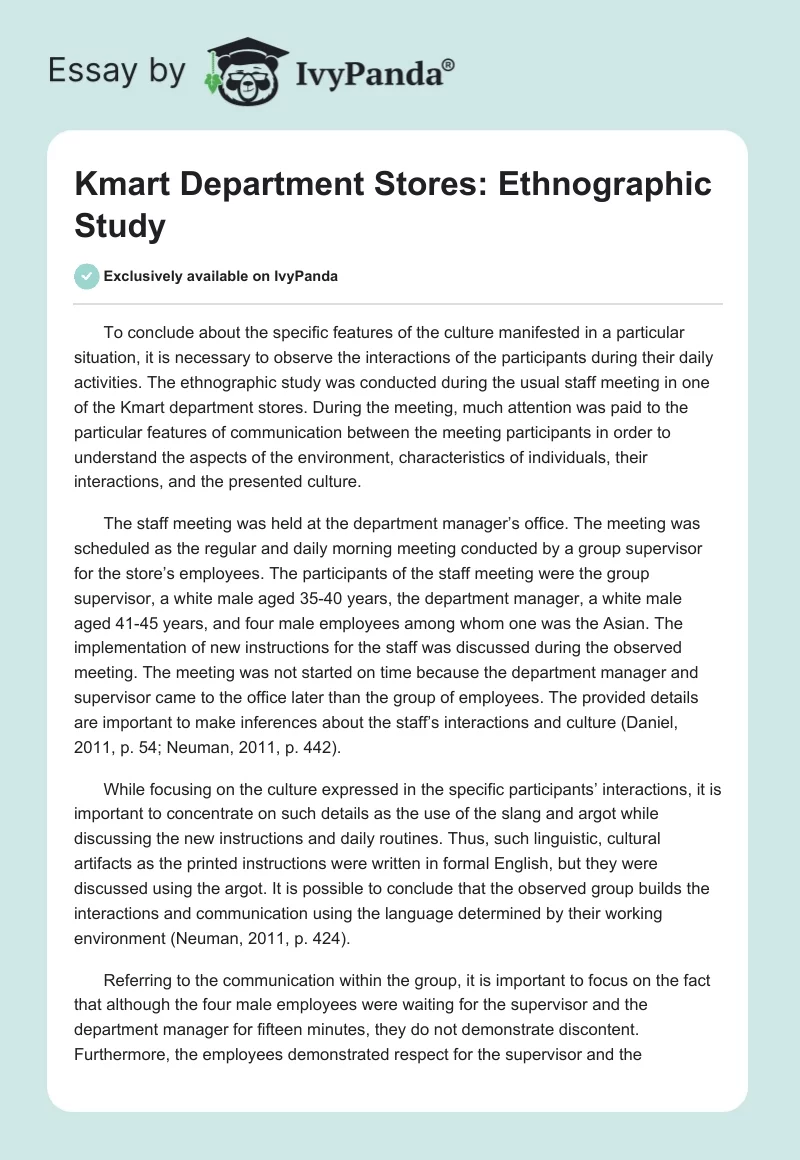 Kmart Department Stores: Ethnographic Study. Page 1