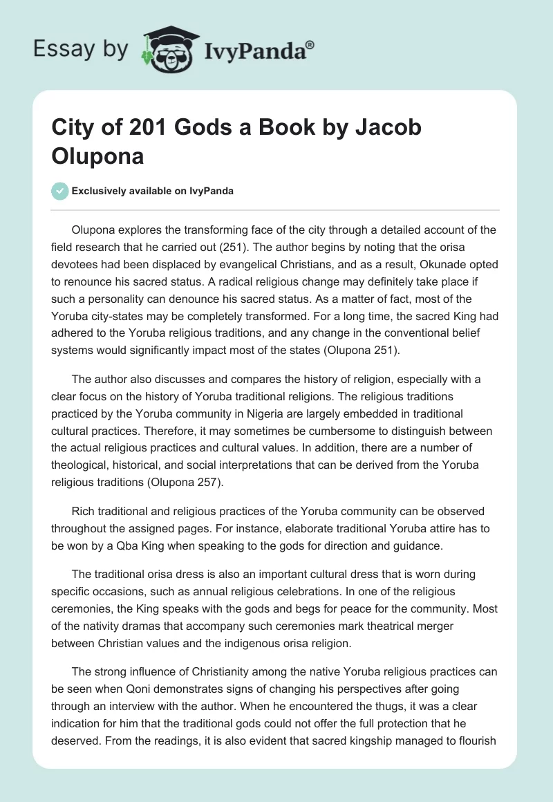 "City of 201 Gods" a Book by Jacob Olupona. Page 1