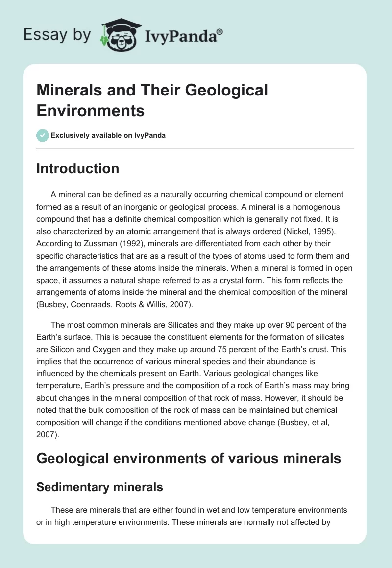 Minerals and Their Geological Environments. Page 1