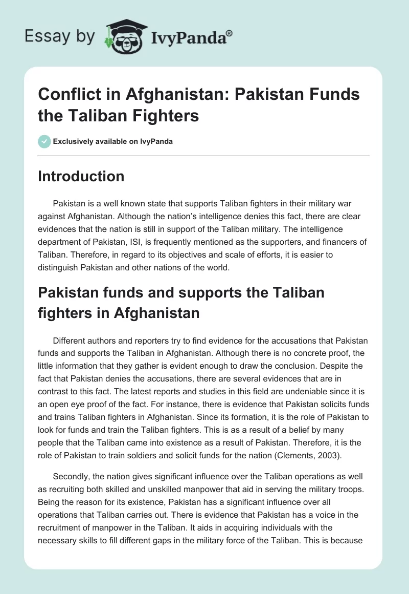 Conflict in Afghanistan: Pakistan Funds the Taliban Fighters. Page 1