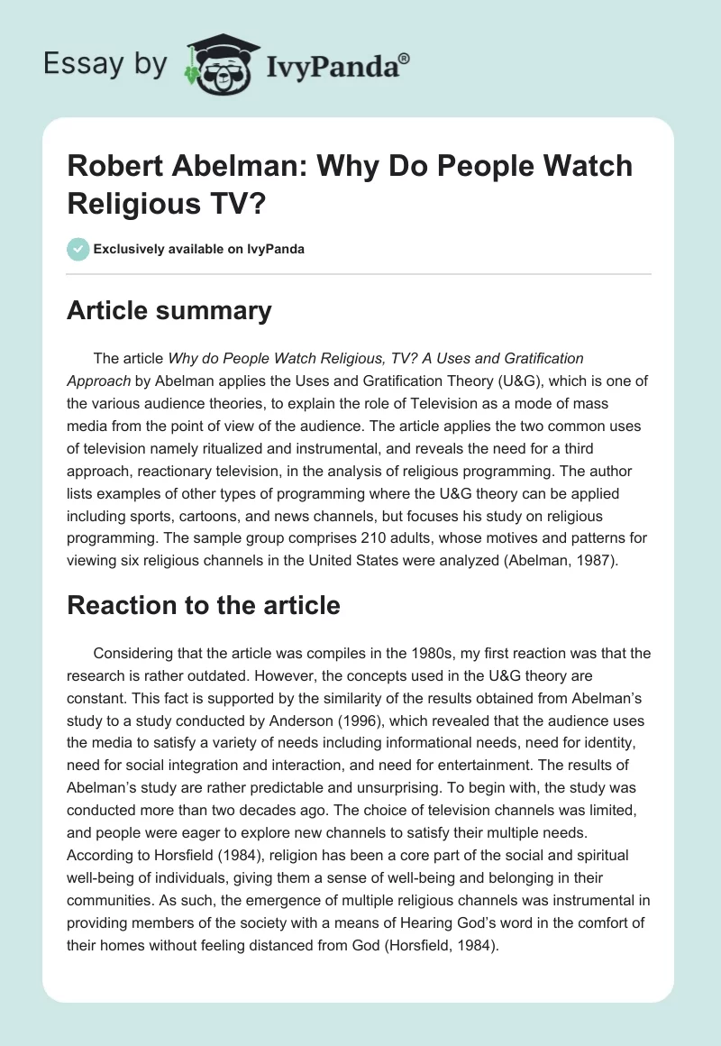Robert Abelman: Why Do People Watch Religious TV?. Page 1