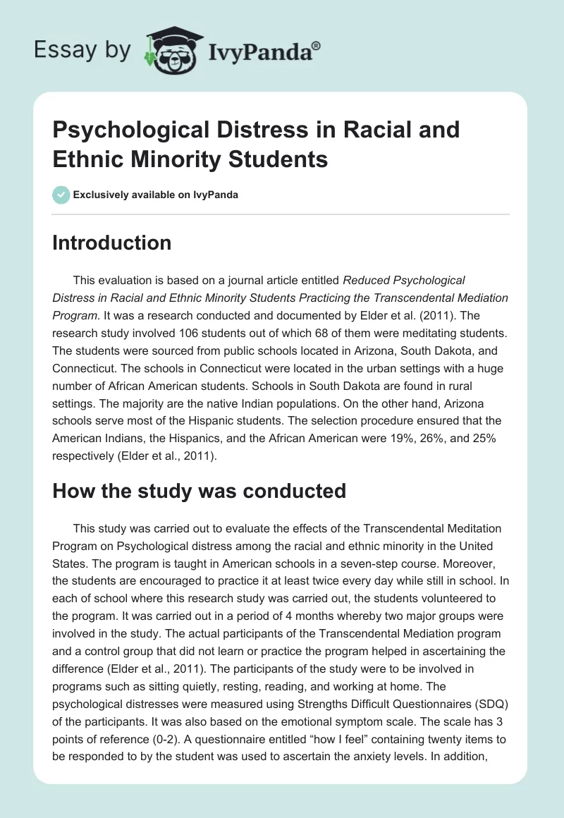 Psychological Distress in Racial and Ethnic Minority Students. Page 1