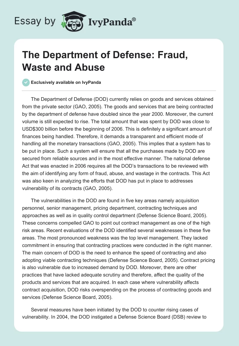 The Department of Defense: Fraud, Waste and Abuse. Page 1
