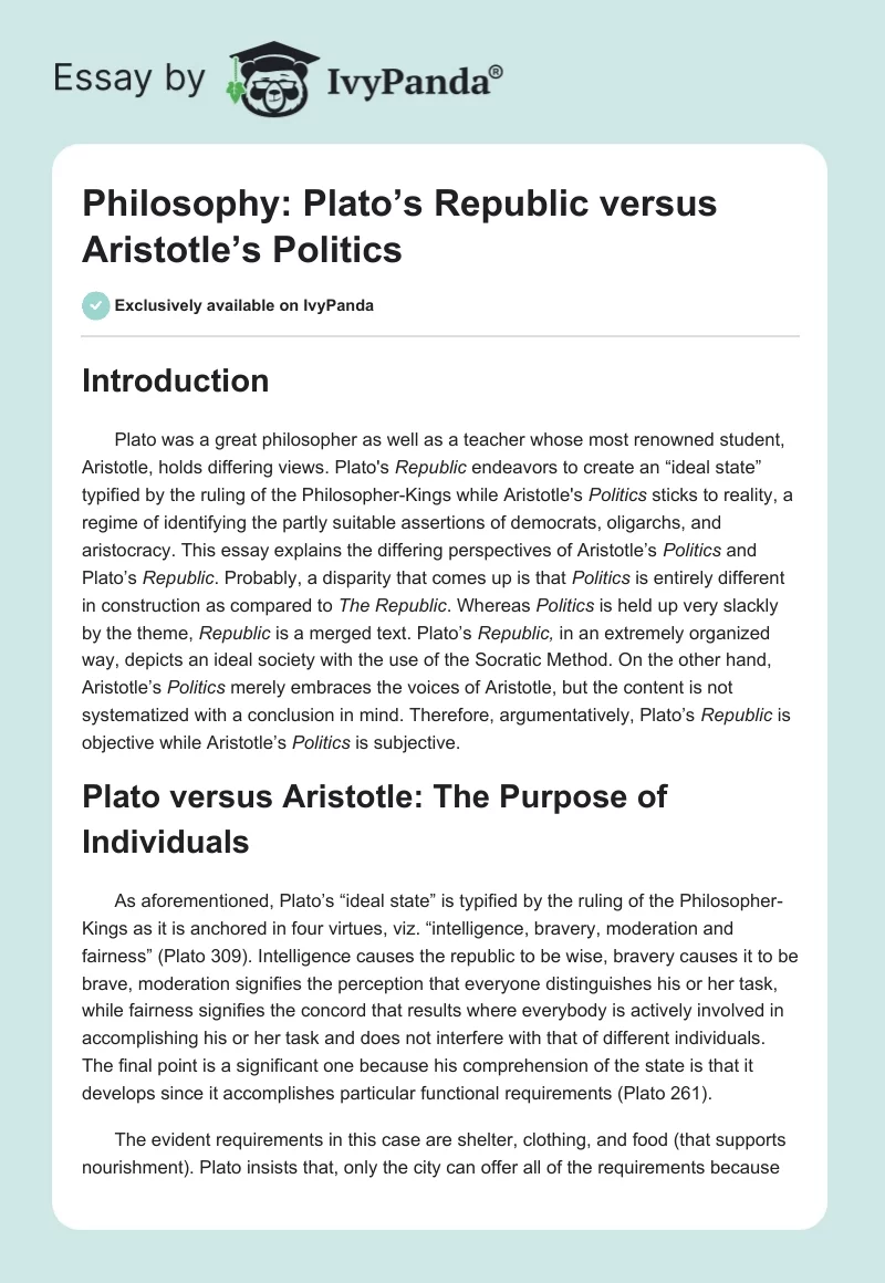 Philosophy: Plato’s Republic Versus Aristotle’s Politics. Page 1