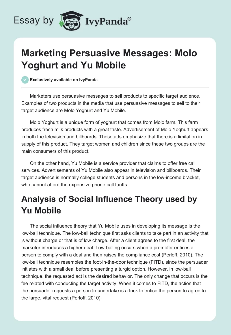 Marketing Persuasive Messages: Molo Yoghurt and Yu Mobile. Page 1