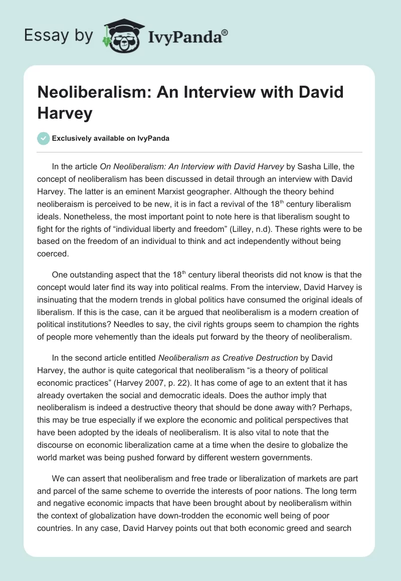 Neoliberalism: An Interview with David Harvey. Page 1