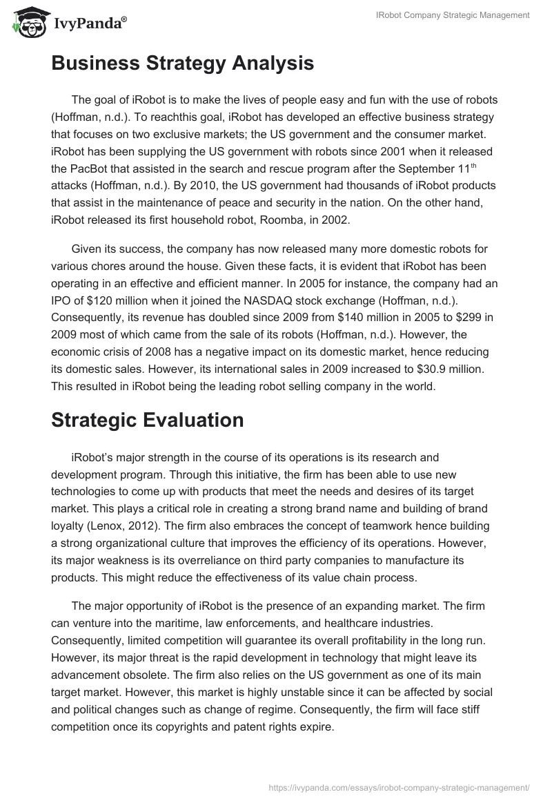 IRobot Company Strategic Management. Page 2