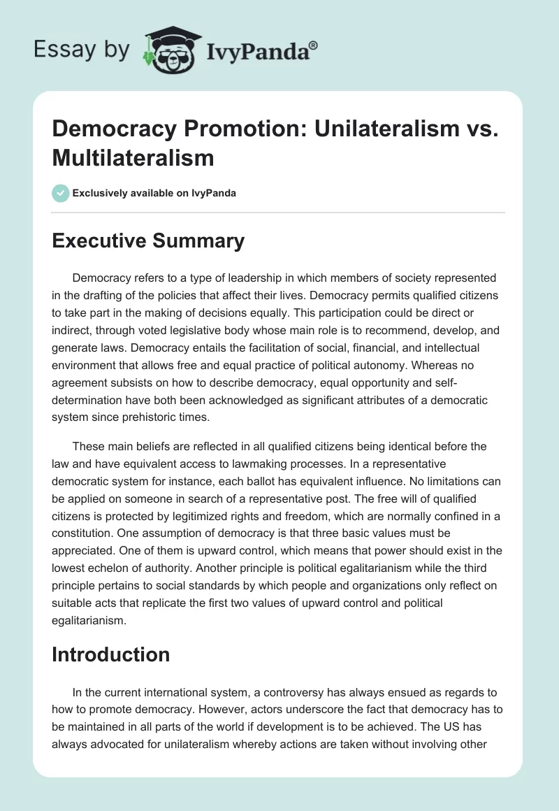 Democracy Promotion: Unilateralism vs. Multilateralism. Page 1