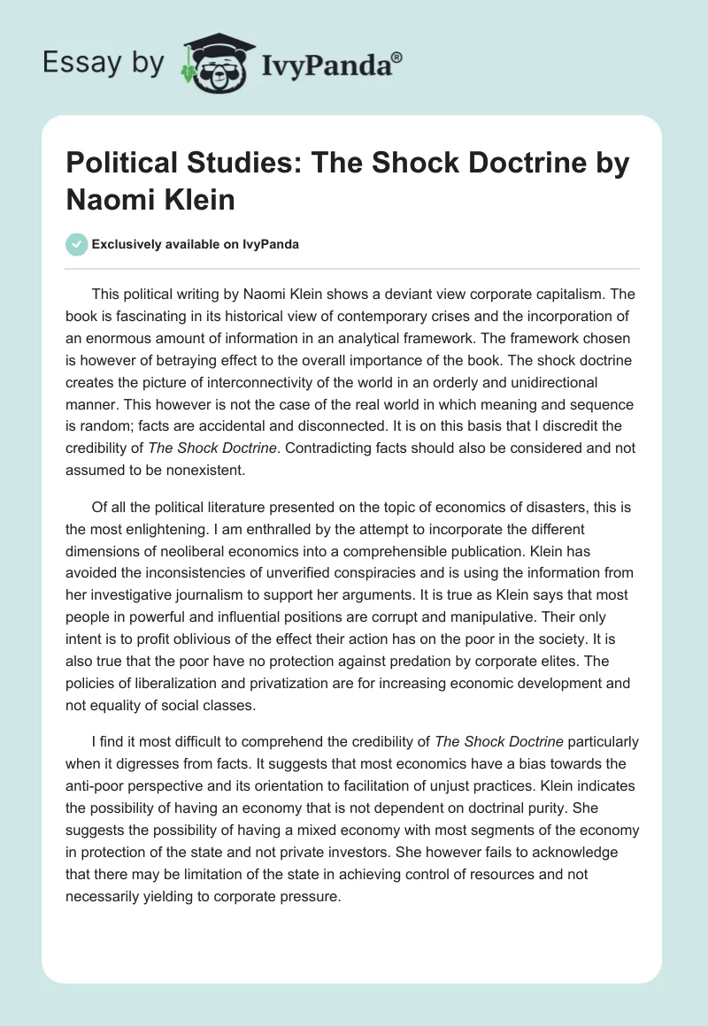 Political Studies: "The Shock Doctrine" by Naomi Klein. Page 1