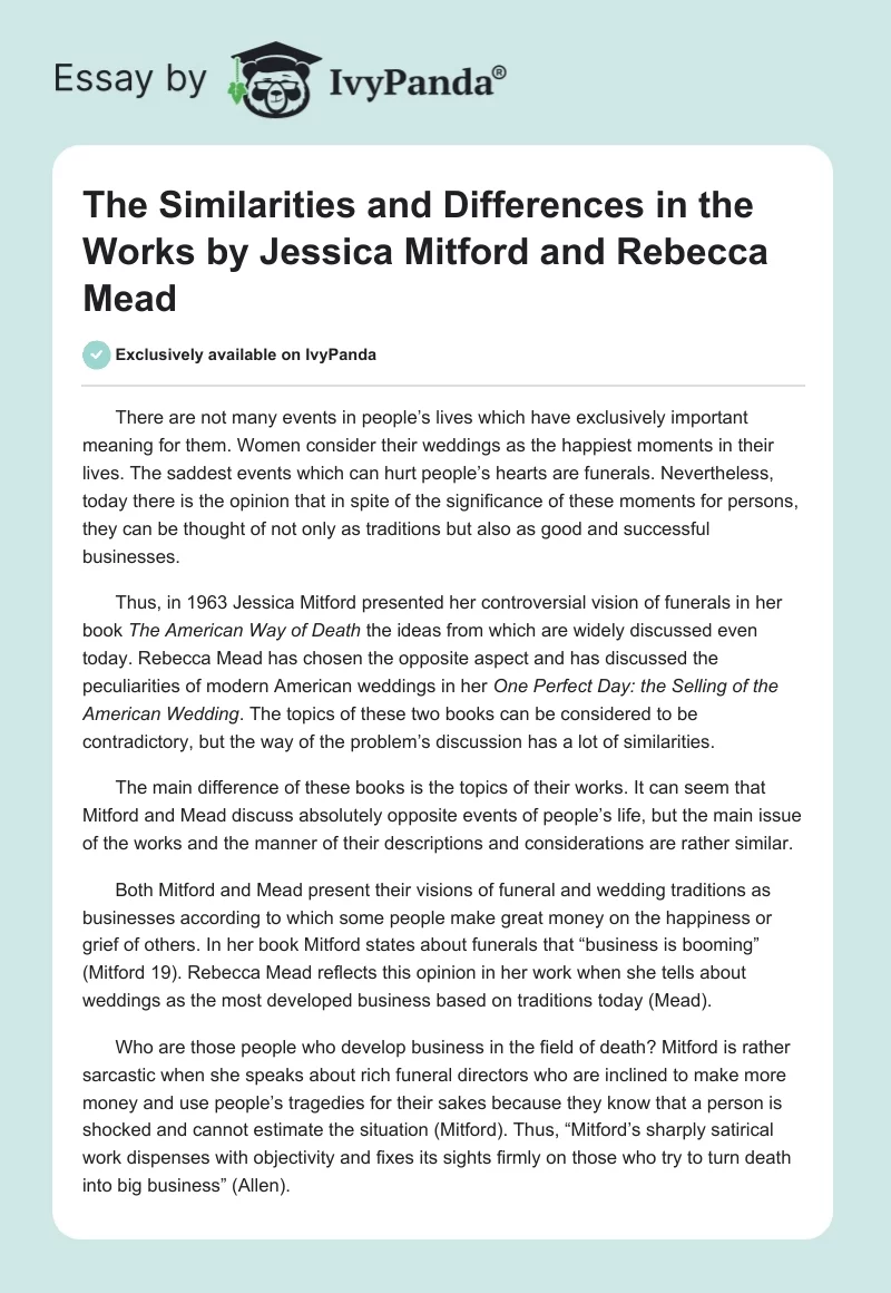 The Similarities and Differences in the Works by Jessica Mitford and Rebecca Mead. Page 1