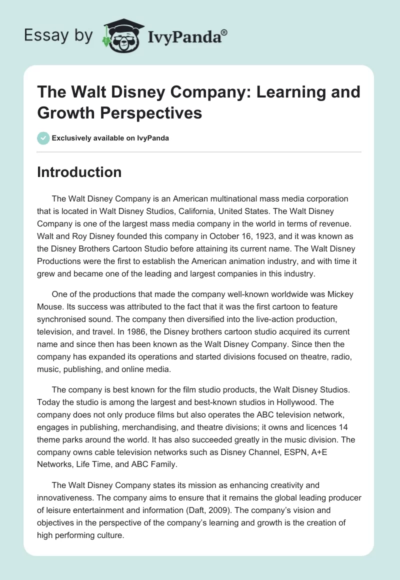 The Walt Disney Company: Learning and Growth Perspectives. Page 1
