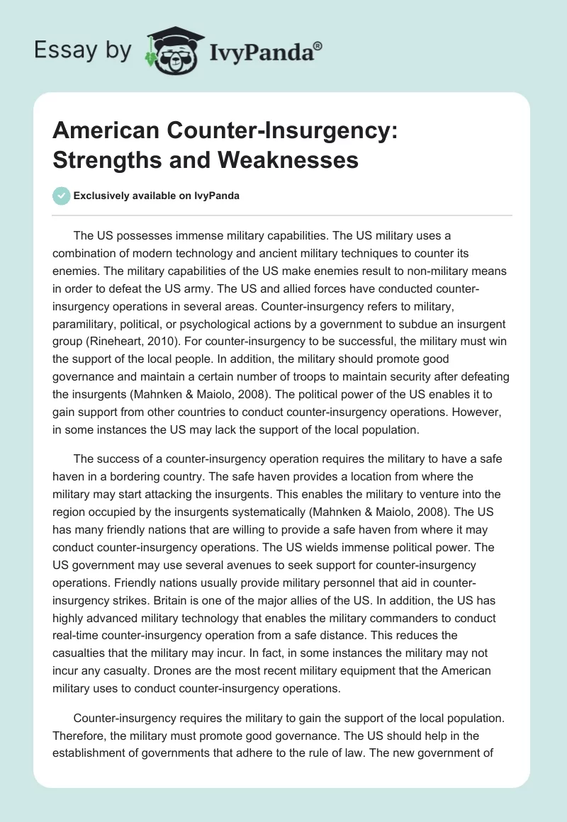 American Counter-Insurgency: Strengths and Weaknesses. Page 1