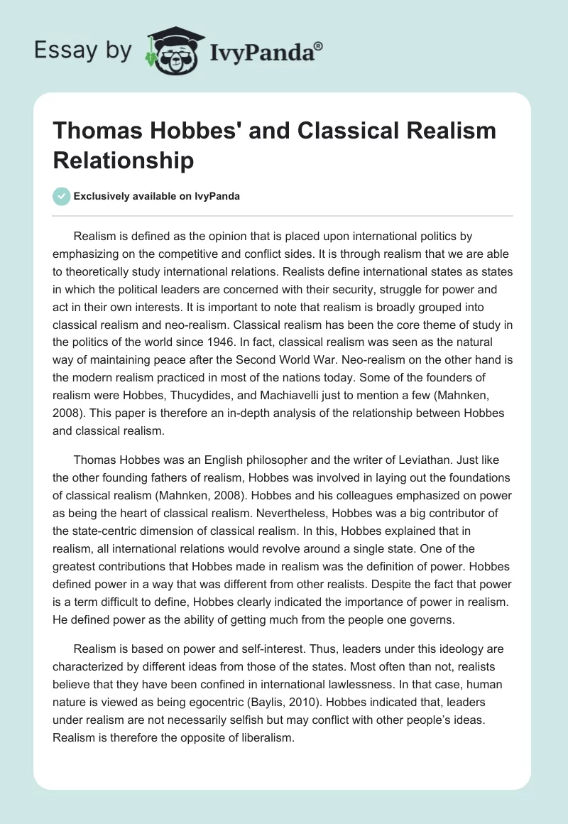 Thomas Hobbes' and Classical Realism Relationship. Page 1