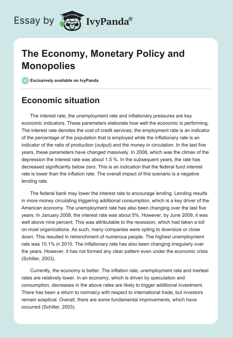 The Economy, Monetary Policy and Monopolies. Page 1