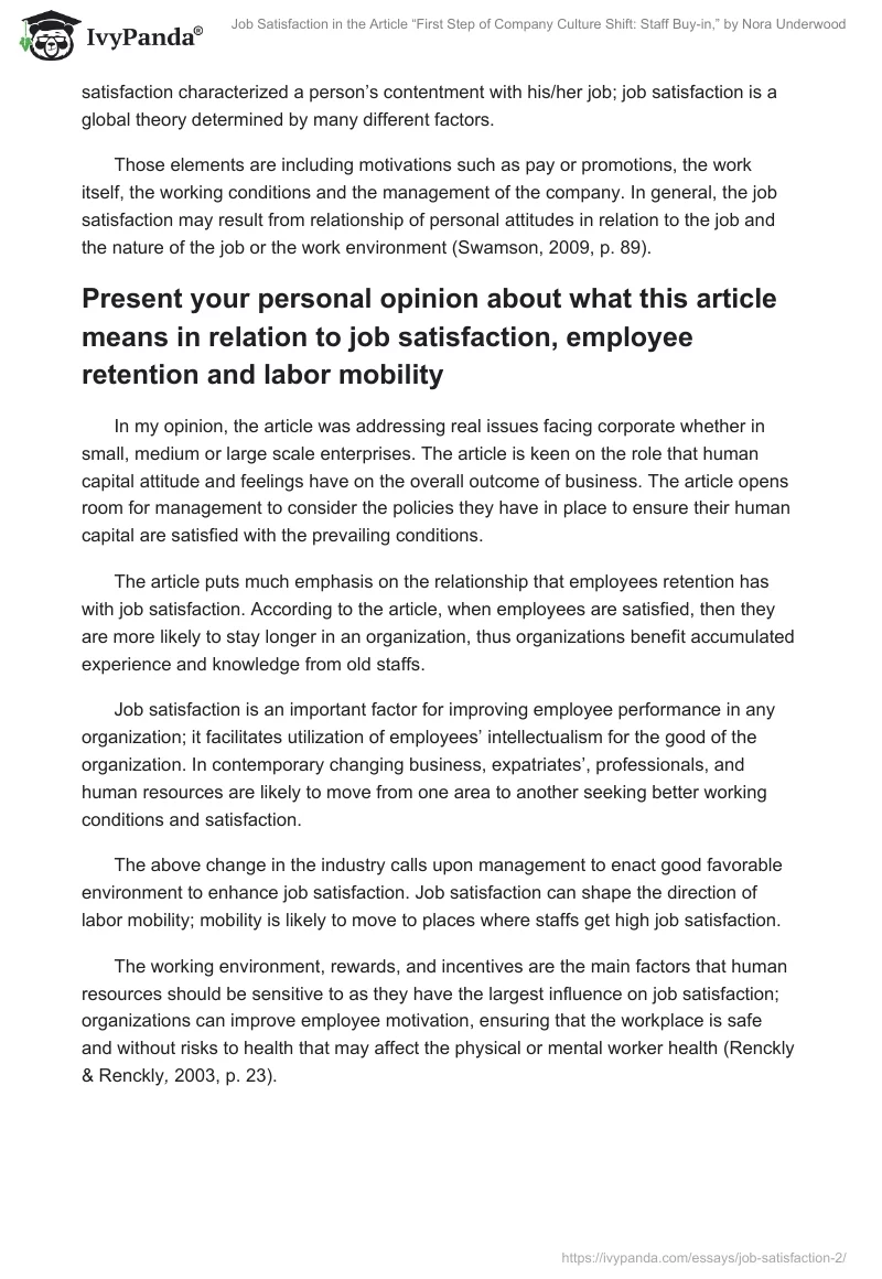 Job Satisfaction in the Article “First Step of Company Culture Shift: Staff Buy-in,” by Nora Underwood . Page 2