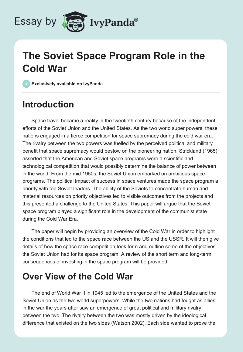 The Soviet Space Program Role in the Cold War. Page 1