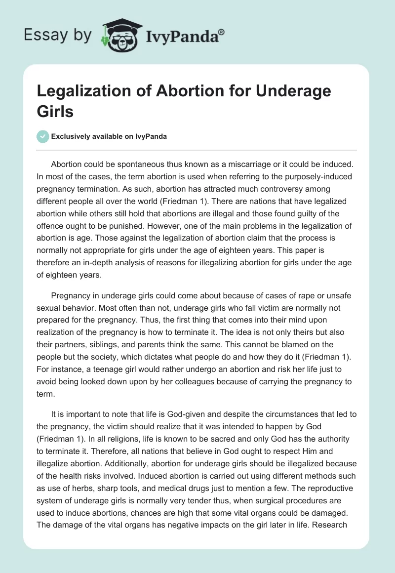 Legalization of Abortion for Underage Girls. Page 1