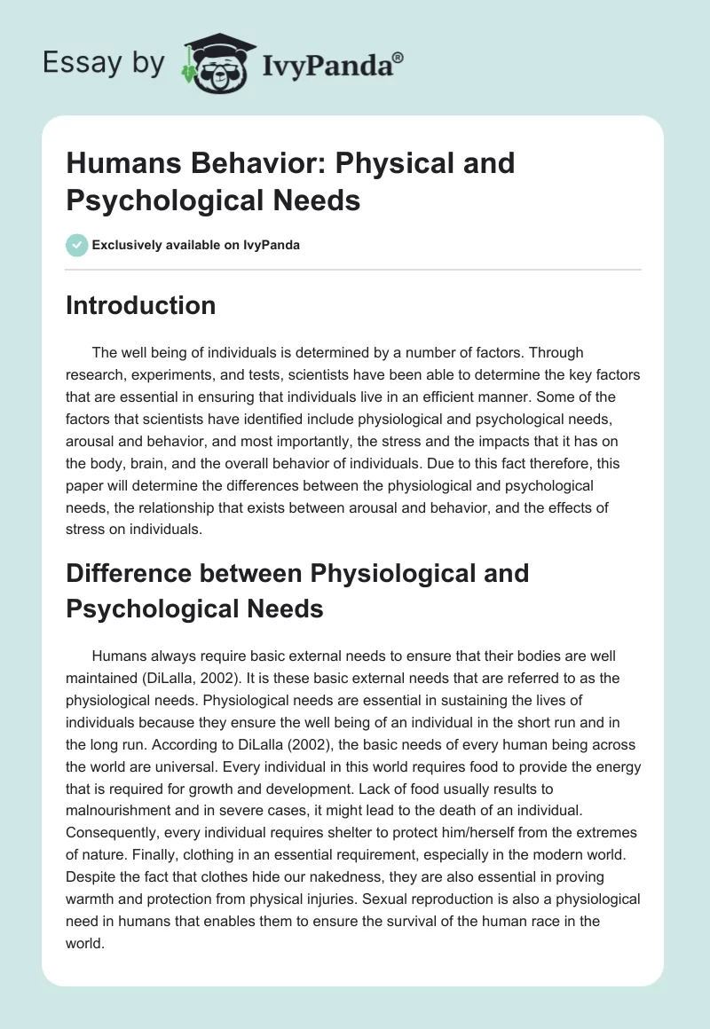 Humans Behavior: Physical and Psychological Needs. Page 1