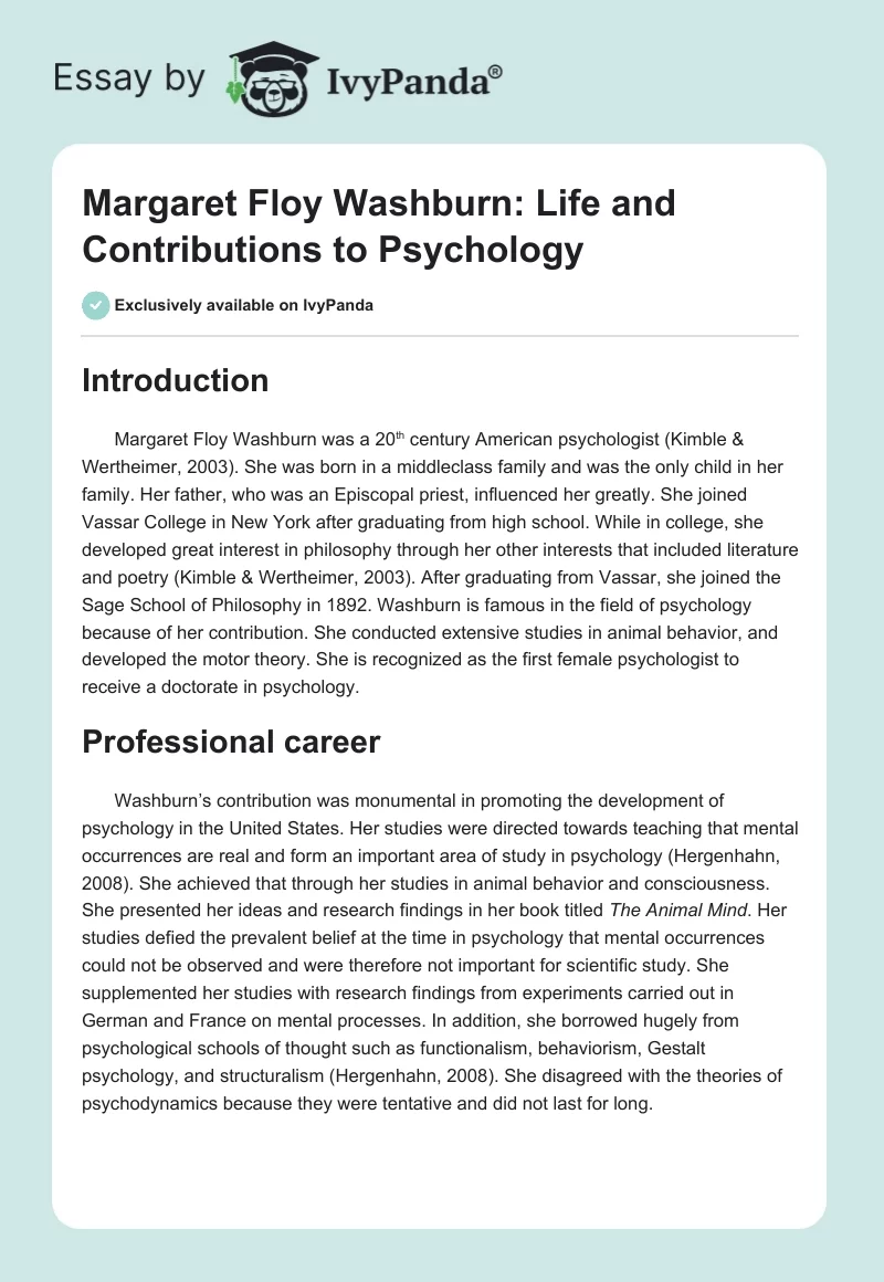 Margaret Floy Washburn: Life and Contributions to Psychology. Page 1