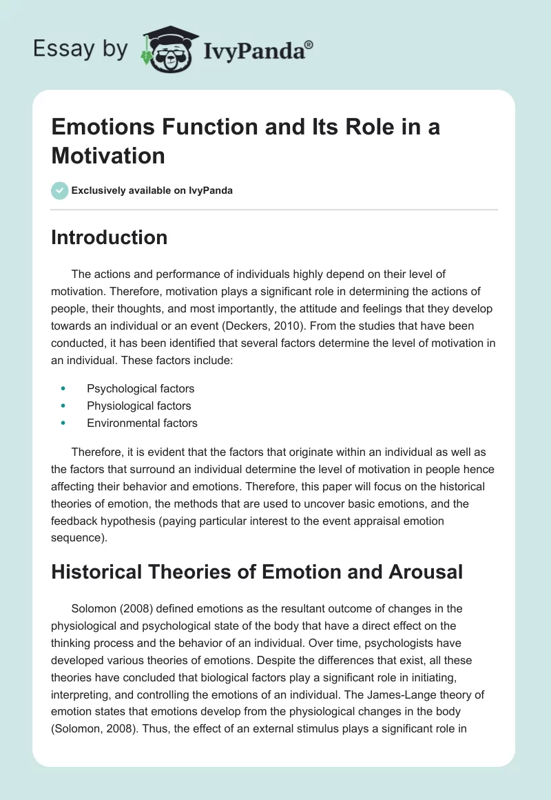 Emotions Function and Its Role in a Motivation. Page 1
