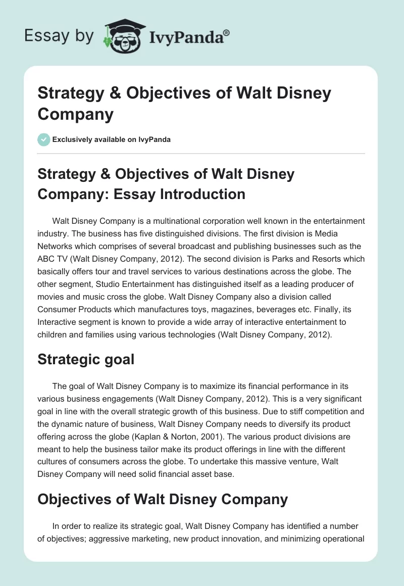 Strategy & Objectives of Walt Disney Company. Page 1