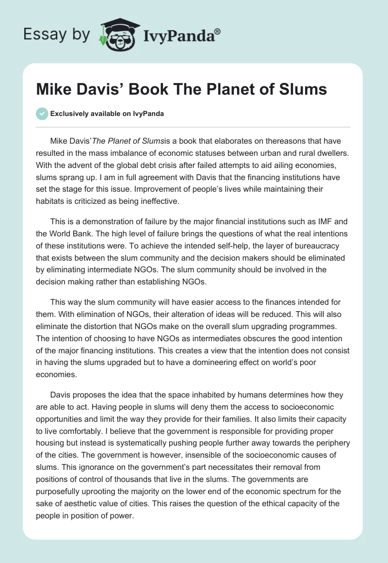 Mike Davis’ Book "The Planet of Slums". Page 1