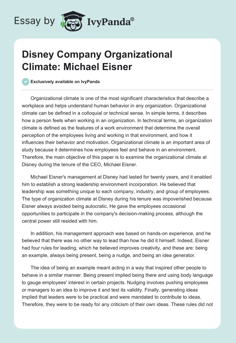 Disney Company Organizational Climate: Michael Eisner. Page 1