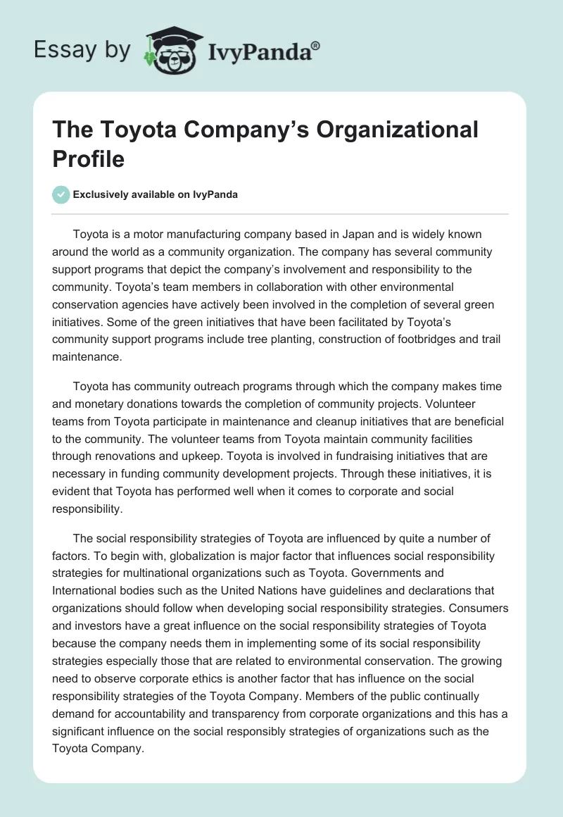 The Toyota Company’s Organizational Profile. Page 1