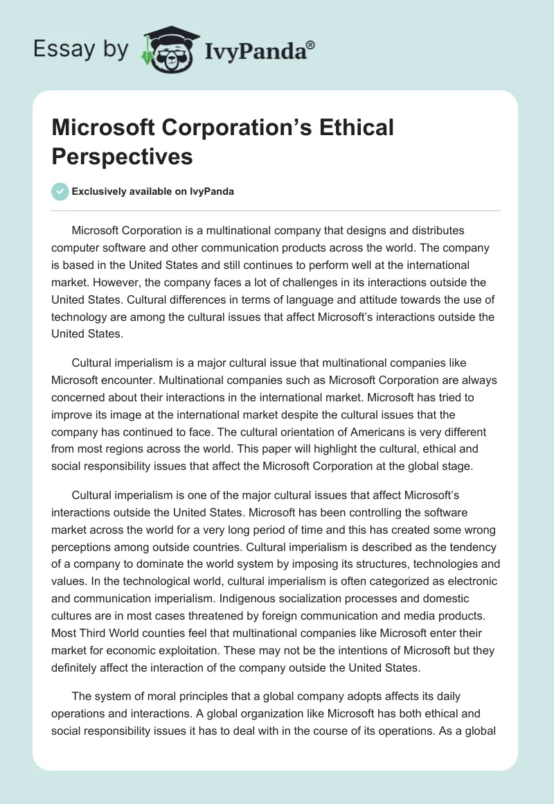 Microsoft Corporation’s Ethical Perspectives. Page 1