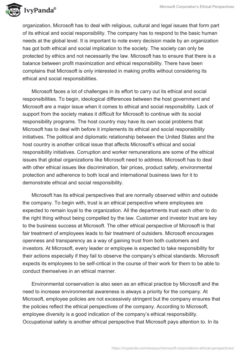 Microsoft Corporation’s Ethical Perspectives. Page 2