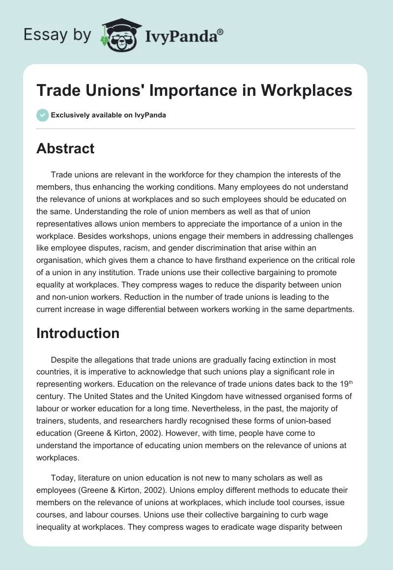 Trade Unions' Importance in Workplaces. Page 1