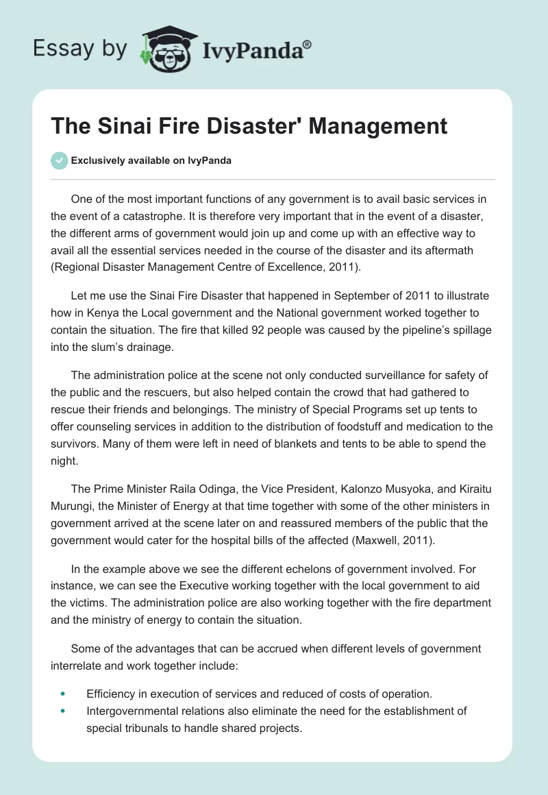 The Sinai Fire Disaster' Management. Page 1